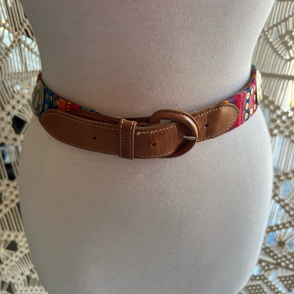 Vintage Leather Colorful Boho Embroidered Belt with Buckle and Rivet Detail - Picture 2 of 8